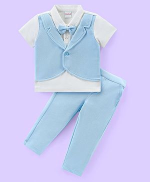 Babyhug Knit Half Sleeves Solid T-Shirt & Trouser with Attached Bow & Waist Coat- Light Blue