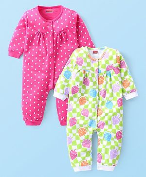 Babyhug 100% Cotton Interlock Knit Full Sleeves Romper with Polka Dot & Strawberry Print Pack of 2 - Multicolour