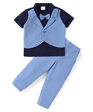 Babyhug Half Sleeves Solid Color T-Shirt & Bottom Set with Waistcoat & Bow Applique - Purple & Blue
