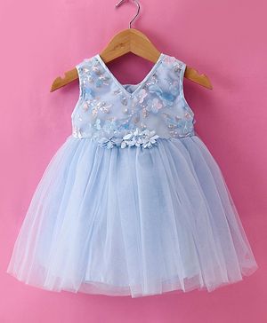 Babyhug Woven Sleeveless Fit and Flare Mesh Party Frock With Sequinned Detailing & Floral 3D Applique - Light Blue