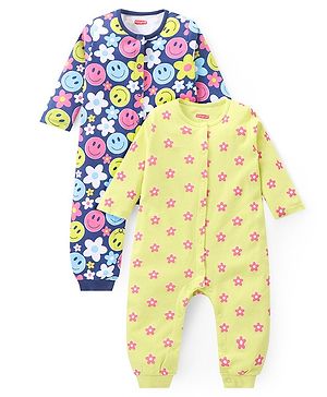 Babyhug 100% Cotton Full Sleeves Romper Floral Print Pack of 2- Yellow & Blue