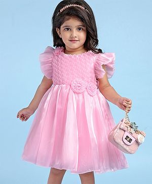 Babyhug Woven Frill Sleeves Solid Textured Dress with Bow Applique - Pink