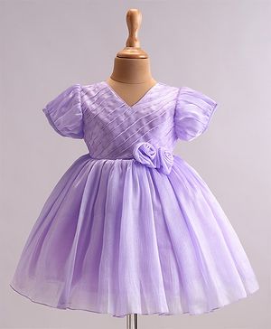 Babyhug Woven Half Puffed Sleeves Fit & Flared Party Frock with Floral Corsage - Lavender