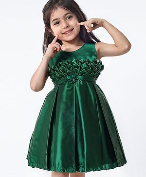 Babyhug Woven Sleeveless Solid Colour Party Frock with Textured Yoke & Corsage - Dark Green