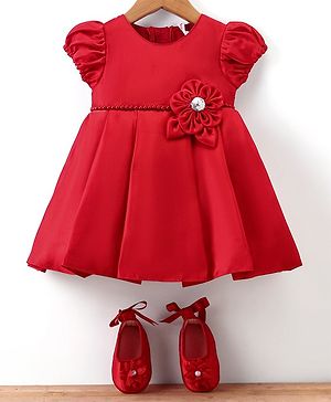 Babyhug  Woven Half Puffed Sleeves Fit & Flared Party Frock with Booties Floral Applique - Red