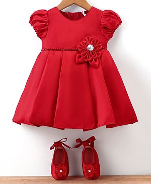 Babyhug  Woven Half Puffed Sleeves Fit & Flared Party Frock with Booties Floral Applique - Red