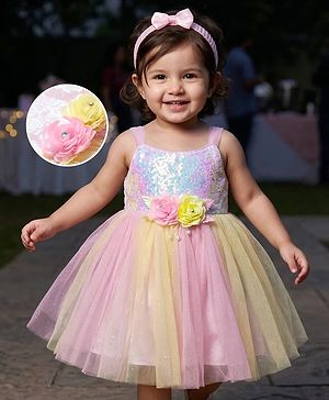 Babyhug Woven Sleeveless Mesh Dress With Sequinned Yoke & Headband - Multicolour
