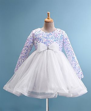 Babyhug Woven Full Sleeves Fit & Flare Party Frock with Sequinned Yoke & Bow Applique- White