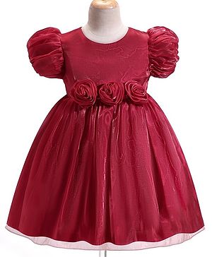 Babyhug Woven Half Puffed Sleeves Fit & Flared Solid Party Frock with Floral Applique - Red