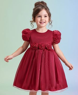 Babyhug Woven Half Puffed Sleeves Fit & Flared Solid Party Frock with Floral Applique - Red