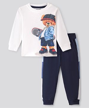 Bonfino 100% Cotton Knit Full Sleeve Digital Bear Print T-Shirt & Colour Block Jogger Set- White & Blue