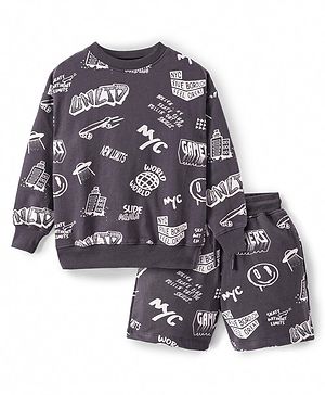 Primo Gino 100% Cotton French Terry Knit Full Sleeves Sweatshirt & Shorts Co-Ord Set With Text Print - Charcoal Grey