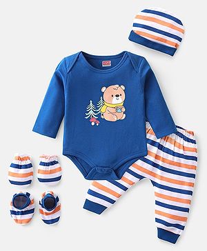 Babyhug 100% Cotton Knit Full Sleeves With Bear Print Onesie with Striped Leggings and Cap Mittens Booties-Navy Blue