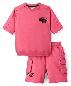 Primo Gino 100% Cotton French Terry Knit Half Sleeves Oversized T-Shirt & Shorts Set With Text Print - Dark Pink