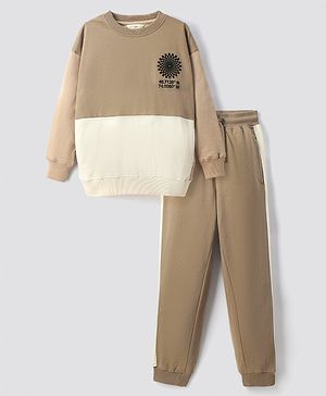 Primo Gino 100% Cotton French Terry Knit Full Sleeves Color Block Sweatshirt & Joggers Winter Wear Set - White & Tan