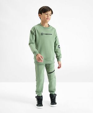 Primo Gino 100% Cotton Full Sleeves Text Printed Oversized Sweatshirt & Joggers Winter Wear Set - Light Green