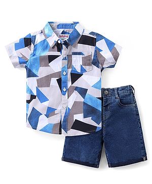 Babyhug Cotton Knit Half Sleeves Shirt & Denim Shorts Set With Abstract Print - Multicolor