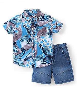 Babyhug Cotton Woven Half Sleeves Shirt & Denim Shorts Set With Leafy Print - Blue