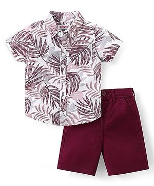 Babyhug Cotton Woven Half Sleeves Tropical Printed Shirt & Shorts Set - Maroon