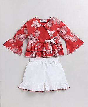 M'andy Cotton Full Bell Sleeves Floral & Leaves Printed Top With Solid Shorts - Red