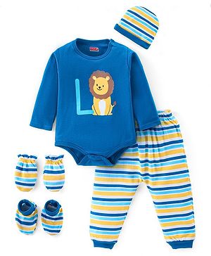 Babyhug 100% Cotton Full Sleeves Onesies with Leggings and Cap Mittens Booties Lion Print - Blue