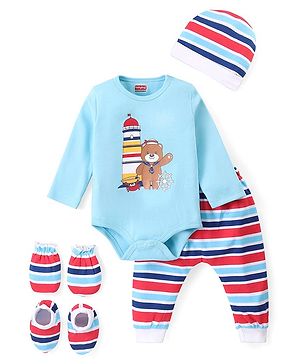 Babyhug 100% Cotton Knit Full Sleeves Teddy Printed Onesie with Leggings Cap Mitten & Booties - Multicolour