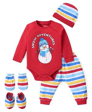 Babyhug 100% Cotton Knit Full Sleeves Onesie with Leggings Cap Mitten & Booties Snowman Printed - Multicolour