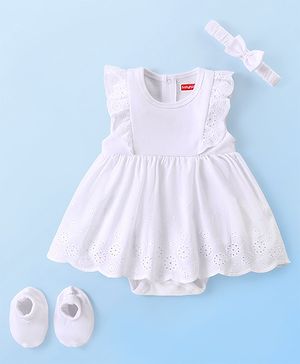 Babyhug 100% Cotton Knit Sleeveless Frock Style Onesie with Hairband & Booties Schiffili Design - White