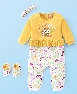 Babyhug 100% Cotton Knit Full Sleeves Romper with Hair Band & Booties Floral Print - Yellow & White
