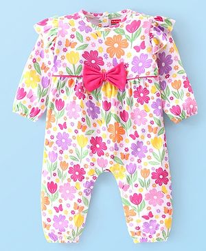 Babyhug 100% Interlock Cotton Knit Full Sleeves Rompers With Floral Print & Bow Applique - Multicolour