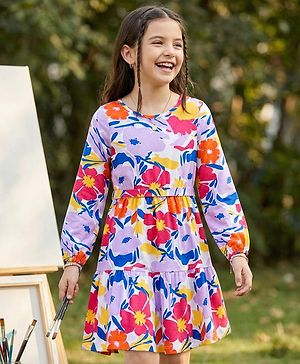 Pine Kids Cotton Knit Full Peasant Sleeves Floral Printed Frock with Fabric Belt - White