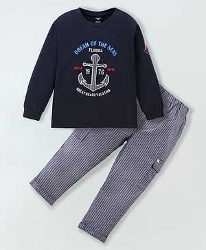 Cucumber Single Jersey Knit Full Sleeves Anchor Printed T-Shirt &  Lounge Pants Set - Navy Blue