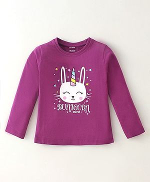 CUCUMBER Cotton Knit  Full Sleeves T-Shirt with Kitty Print - Mulberry