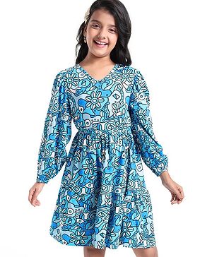 Pine Kids Cotton Knit Peasent Sleeves Frock with Floral Print - Snow White