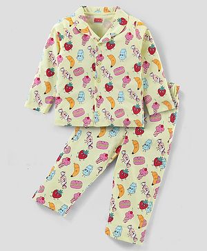 Babyhug Single Jersey Knit Full Sleeves Night Suit With Fruit Doodles Print - Yellow