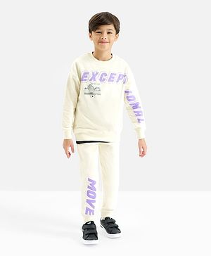 Primo Gino 100% Cotton Knit Full Sleeves Sweatshirt & Joggers Set With Text Print - White