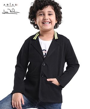 Arias Cotton Stretch Pique Knit Light Weight Full Sleeves Blazer Solid Colour - Black