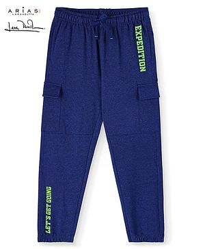 Aria Cotton Grindle Looper Knit Full Length Text Printed Stretchable Jogger Pants - Navy Blue