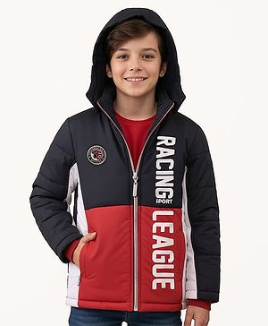 Pine Kids Woven Full Sleeves Padded Hooded Jacket Text Print - Multicolour