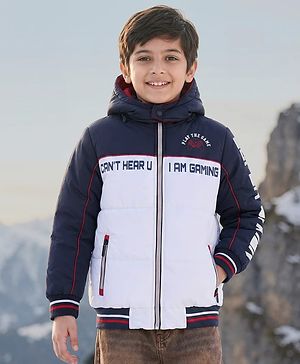 Pine Kids Woven Full Sleeves Padded Jacket with Detachable Hood Text Print - Multicolour