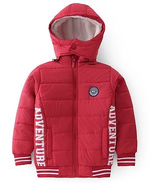 Pine Kids Woven Full Sleeves Padded Jacket with Detachable Hood Text Print - Dark Red