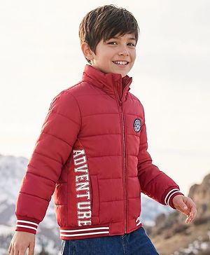Pine Kids Woven Full Sleeves Padded Jacket with Detachable Hood Text Print - Dark Red