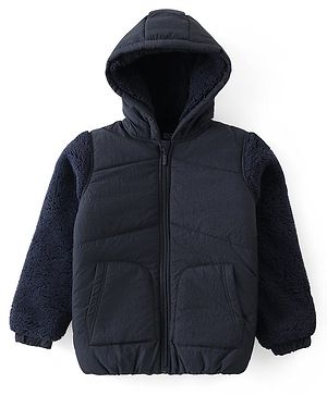 Pine Kids Woven Full Sleeves Solid Hooded Padded Jacket - Navy Blue