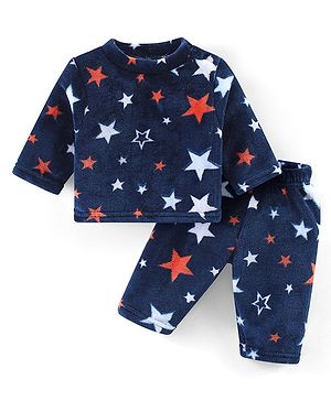 Babyhug Velour Woven Full Sleeves Winter Night Suit With Stars Print - Navy