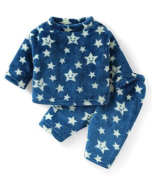 Babyhug Velour Knit Full Sleeves Winter Wear Night Suit With Stars Print - Navy Blue