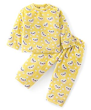 Babyhug Velour Knit Full Sleeves Winterwear  Night Suit With Hearts Print - Yellow