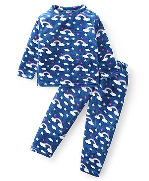 Babyhug Velour Knit Full Sleeves Winter Wear Night Suit with Cloud Print - Navy Blue