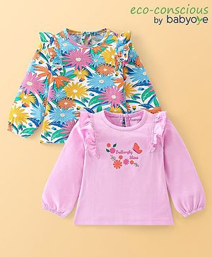 Babyoye 100% Cotton Full Sleeves Top with Frill Detailing & Floral Print Pack of 2-Green & Pink