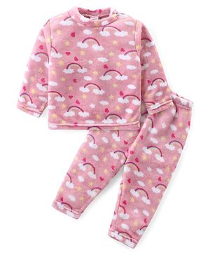 Babyhug Velour Knit Full Sleeves Winter Night Suit with Sky Print - Pink