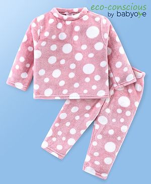 Babyhug Velour Knit Full Sleeves Winter Night Suit with Polka Dots Print - Pink